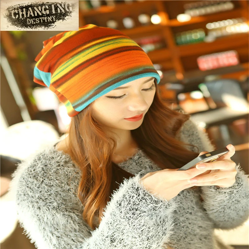 Новый корейский модный комплект шапка ворс Кепка цветная полоса тюрбан тонкая