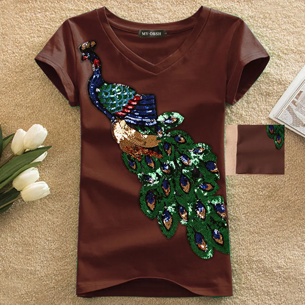 V Neck Coffee Новая модная женская элегантная футболка с круглым вырезом и вышивкой в виде павлина женская футболка с пайетками Повседневный Топ тройник размера плюс S-4XL - Цвет: V Neck Coffee