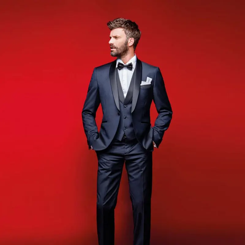 

Navy Blue Men Suits Shawl Lapel Tailored Formal Tuxedos For Wedding Bridegroom Three Pieces Prom Blazers (Jacket+Pants+Vest)