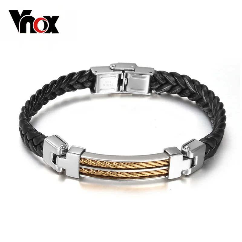 

Vnox Fashion Black Leather Bracelets Men Jewelry Stainless Steel Wire Punk Bangle