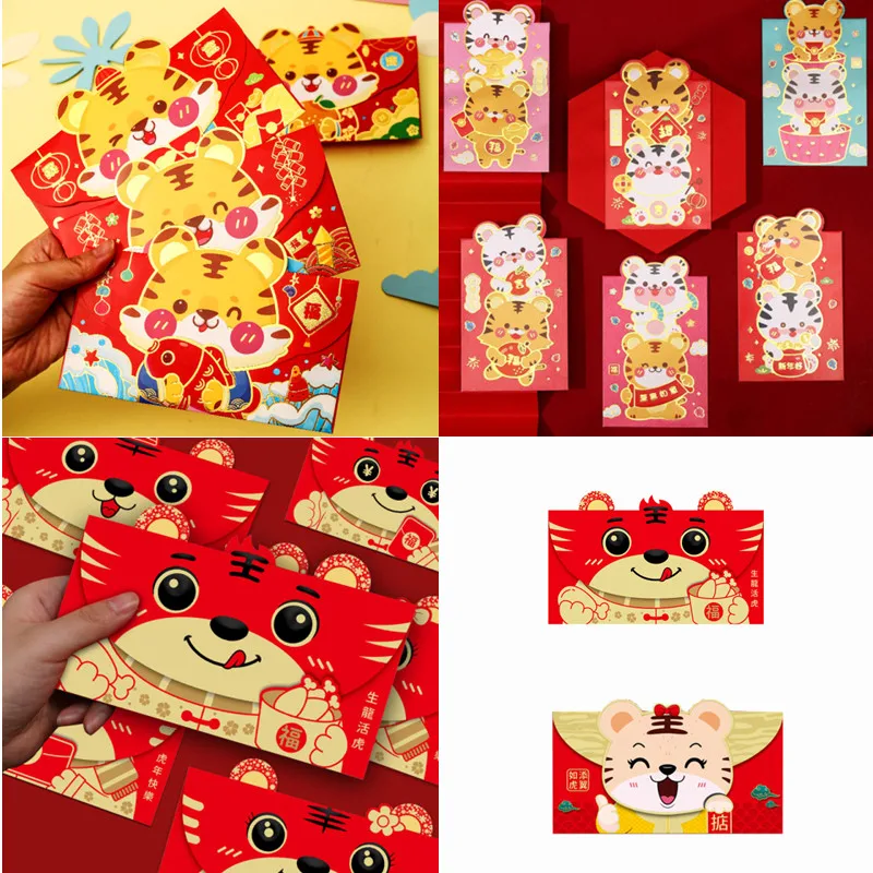

6Pcs 2022 Chinese New Year Red Envelopes Cartoon Tiger Hongbao Spring Festival Money Pockets Wedding Lucky Packets Gift Bag