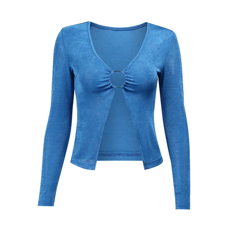 

European and American Foreign Trade Women's 2021 Autumn New Slim Sexy Hollow Long-sleeved V-neck Top Vintage Bad Girl