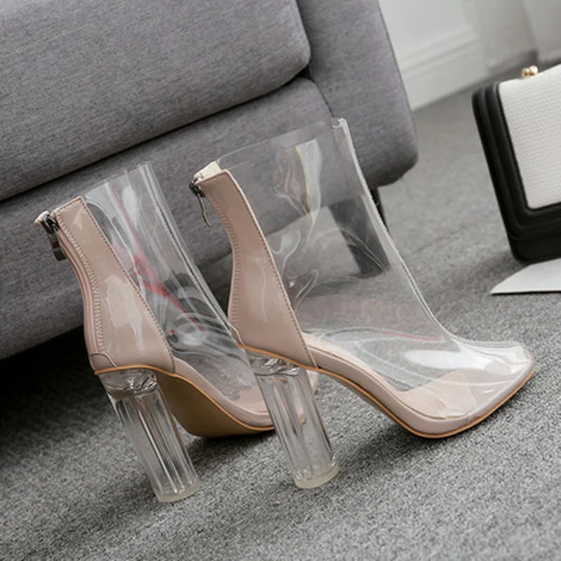 

2021Sexy Transparent Clear PVC Women Ankle Boots High Quality Round Toe High Heels Spring/Autumn Zipper Boots size 35-42