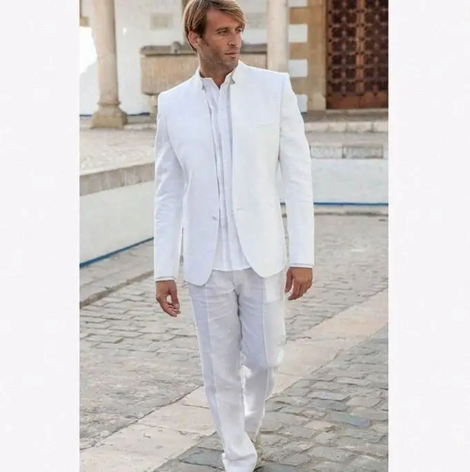 Новейший дизайн пальто и брюк белый мужской костюм с воротником-стойкой простые