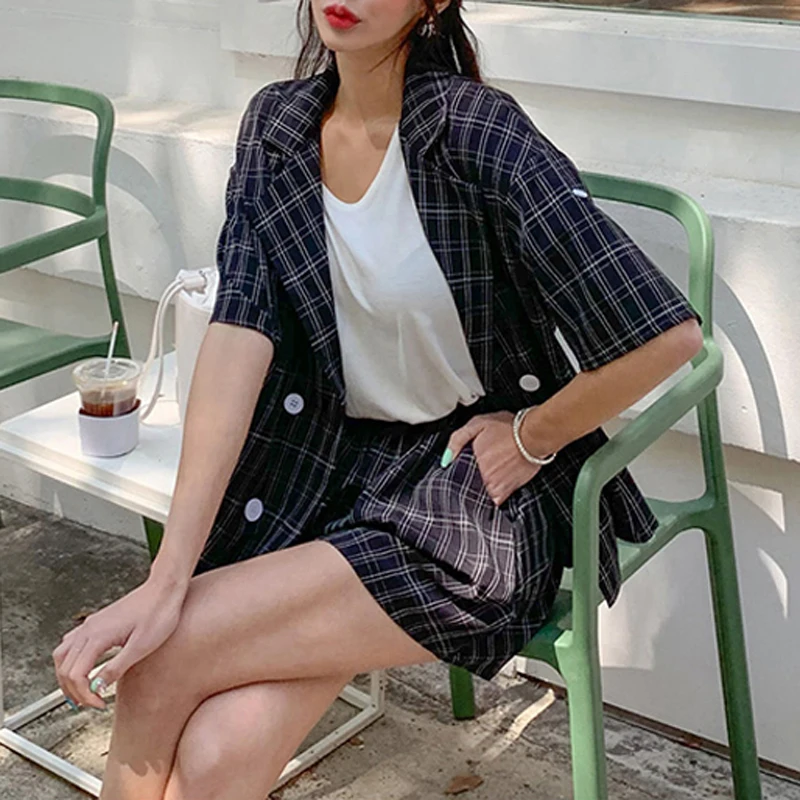 

Женский клетчатый костюм из двух предметов, повседневный свободный двубортный Блейзер со шнуровкой, лето 2020