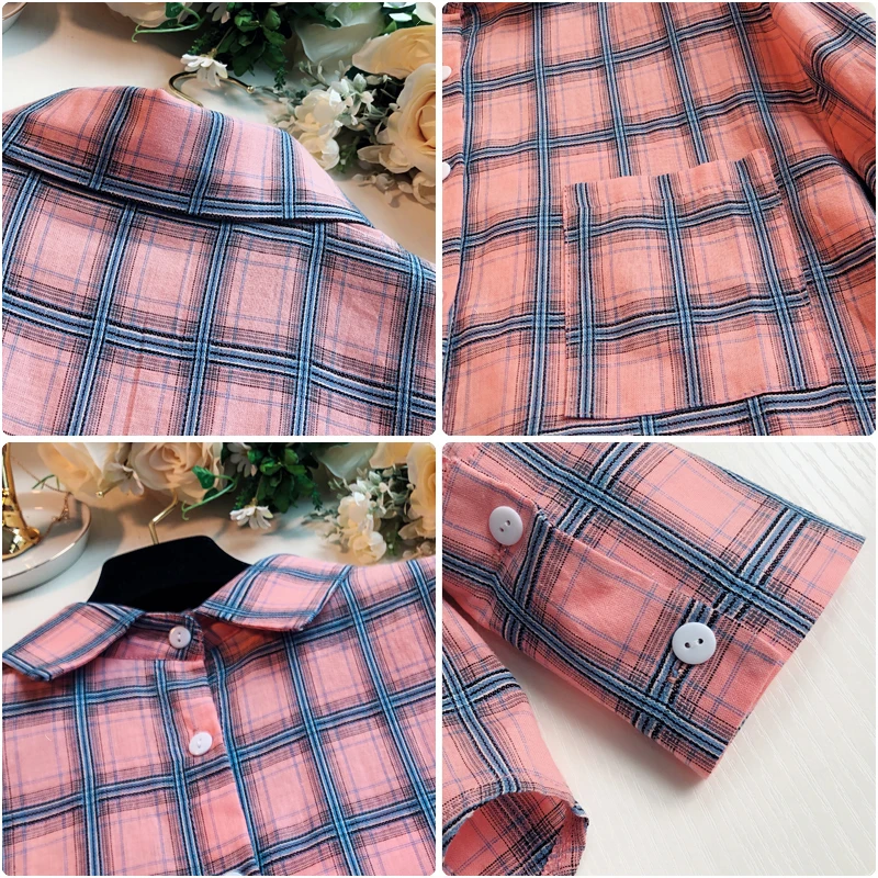 

2021 Summer All-match Sun protection Clothing Plaid Shirts Women Blouses Thin Checked Tops Loose Female Beach Clothes Outwear