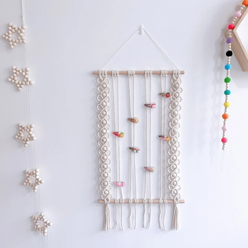 

T5EC Nordic Boho Macrame Hair Bow Clips Holder Woven Tassel Hairpins Headband Organizer Wood Stick Wall Hanging Display Rack