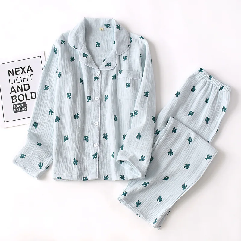 

New Crepe Cotton Cactus Printing Pajamas Long Sleeve Trousers Pajama Set Loungewear Women Sleepwear Loose Sleepwear Home Clothes