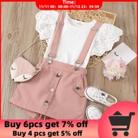 summer girl clothes set hollow flying sleeve o neck top suspender shorts 2pcs casual kids set for 1 6 year old girls