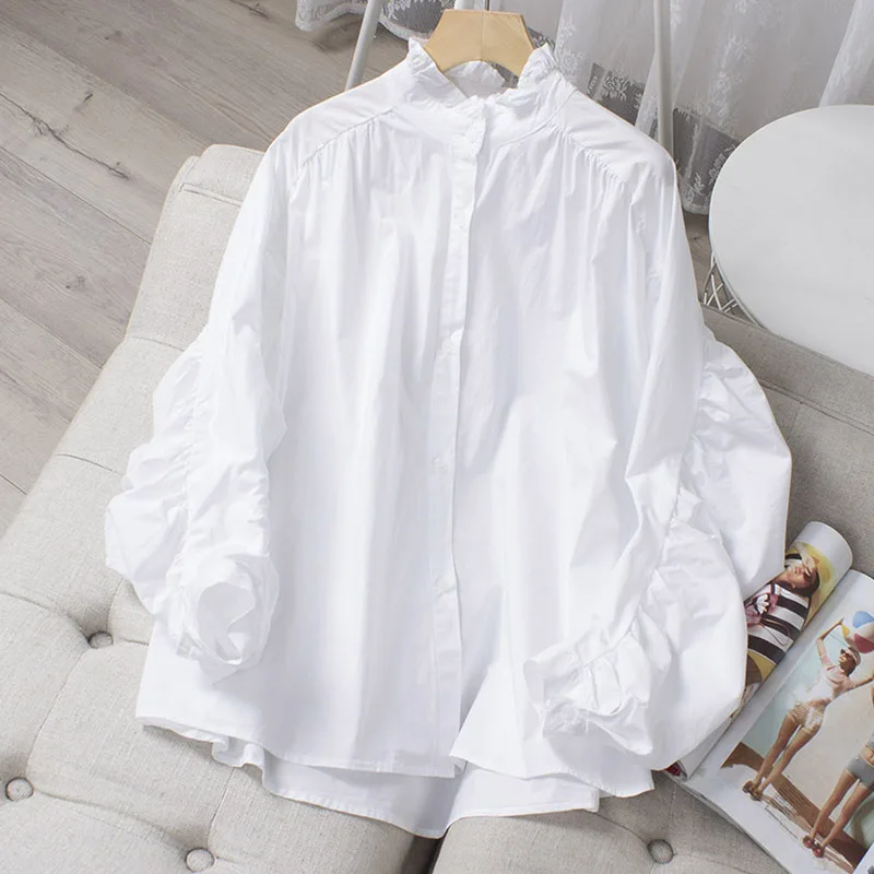 

Женские рубашки на пуговицах, весна-осень 2021, хлопковая блузка с длинным рукавом и оборками, женские свободные топы оверсайз с воротником