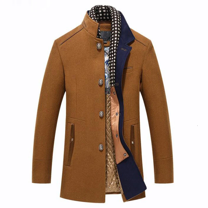 Wool Coat Men's Winter Cashmere Jacket Men Casual Windbreaker Long Slim Fit Trench Coat Thick Woolen With Detachable Scarf Coats