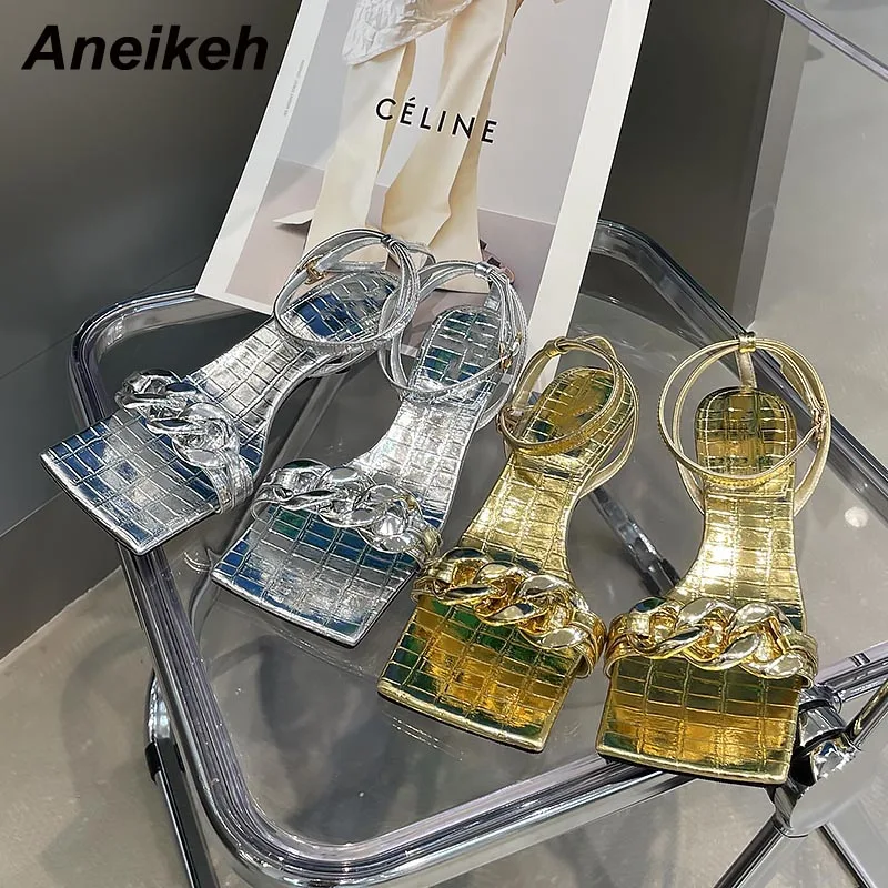 

Aneikeh New Solid 35-39 Summer PU Square Open Toe Metal Decoration Low Heel Women Shoe Concise Buckle Strap Sandalias Mujer 2021