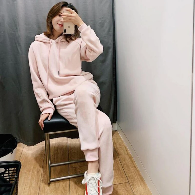 Jvzkass new thick velvet sports suit two-piece female hooded embroidery sweatshirt+ casual pants to keep warm Z332