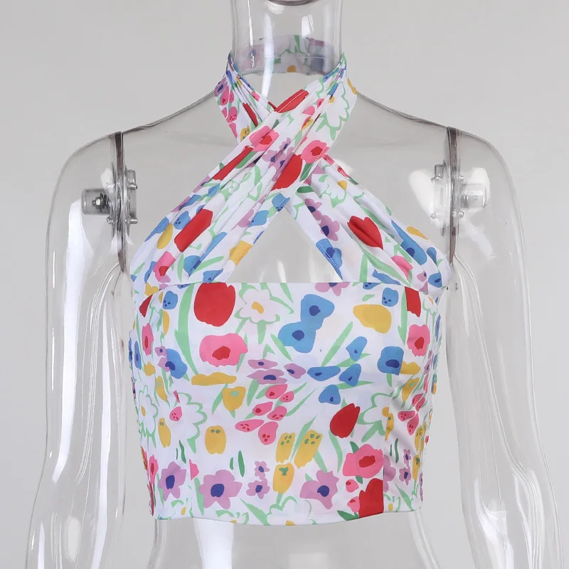 

2021 New Arrivals Summer Fashion Halter V Neck Print Floral Sexy High Street Women Tops Camis