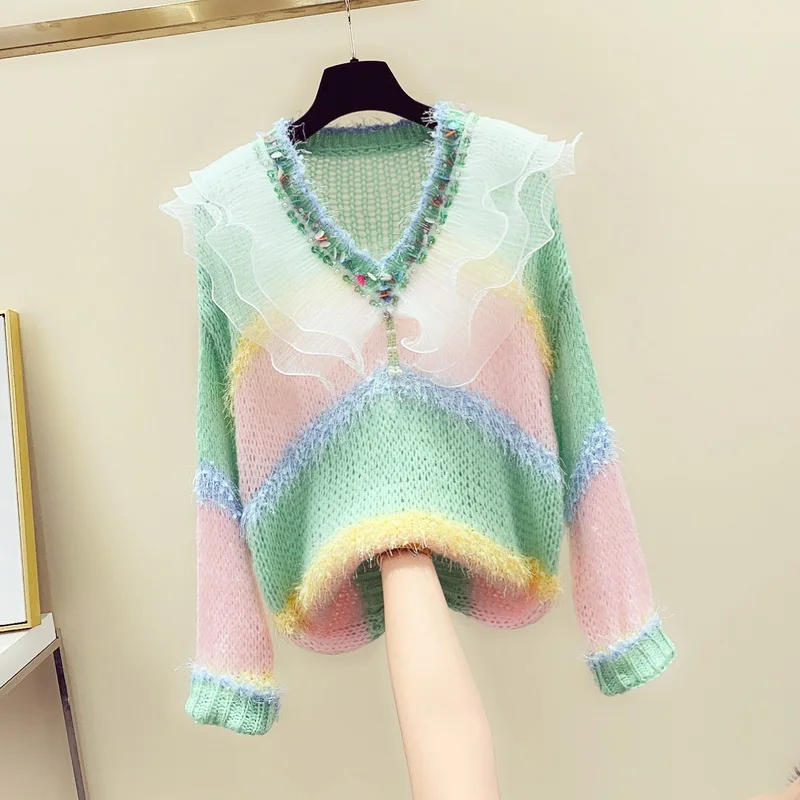 

Женский свитер с блестками, Свободный вязаный джемпер с цветными вставками, вязаный пуловер оверсайз с бисером, вязаное пальто, Осень-зима