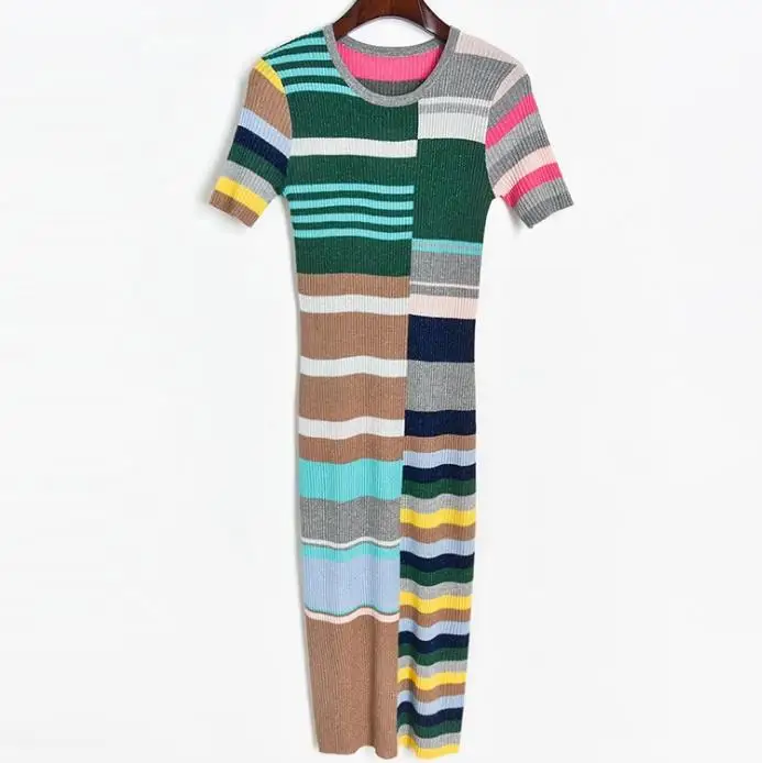 

2021 summer color knitted striped dress women short sleeve slim package hip pencil dress