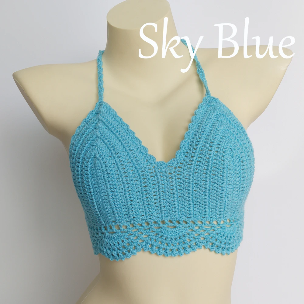 sky blue top Женское сексуальное бикини большого размера, вязанный крючком, пуш-ап, черный, белый бюстгальтер, бикини, топ, бохо, пляжный Бралетт, Одноцветный, Холтер, трикотажный бюстгальтер - Цвет: sky blue top
