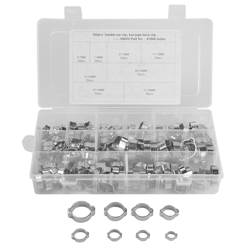 

Double Ear Hose Clips Water Fuel Air Clamps for 5-7MM Zinc Plated Assortment Box 160 Clamps