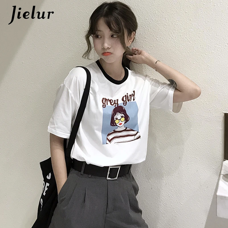 Jielur с коротким рукавом для женщин Футболка Харадзюку сладкий Свободные серый