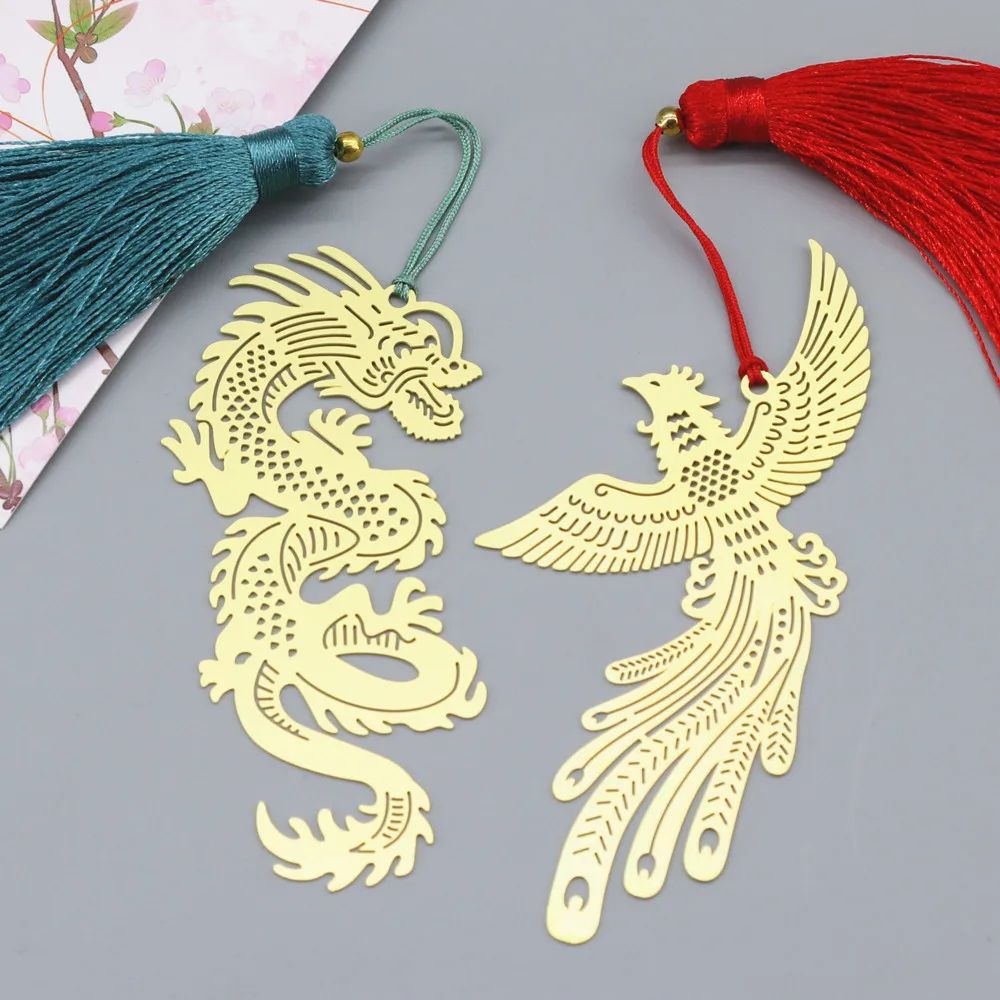 

1 шт., винтажные закладки-кисточки с изображением дракона и феникса, медный металлический кулон