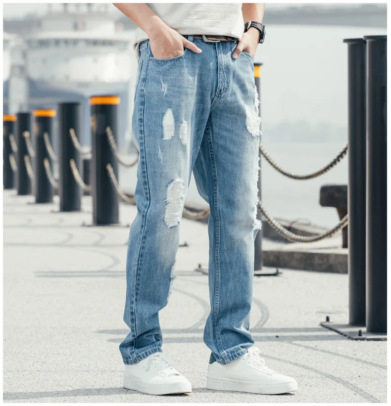 Spring And Autumn Men Hole Baggy Jeans Straight Large Size Wide Leg Denim Pants Blue Leisure Hip Hop Streetwear Ragged Trousers