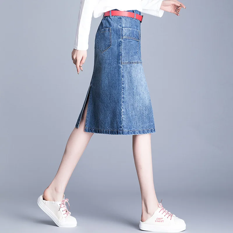 Летняя джинсовая женская юбка с высокой талией и карманами Повседневная тонкая