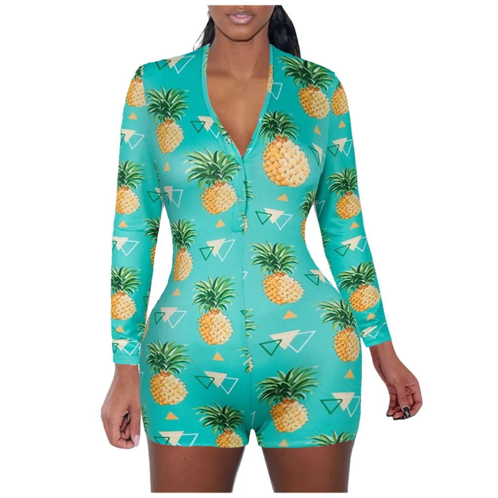 

Комбинезон с длинным рукавом, пижама, Женская облегающая Пижама, пикантные шорты с глубоким V-образным вырезом, мягкий эластичный комбинезо...