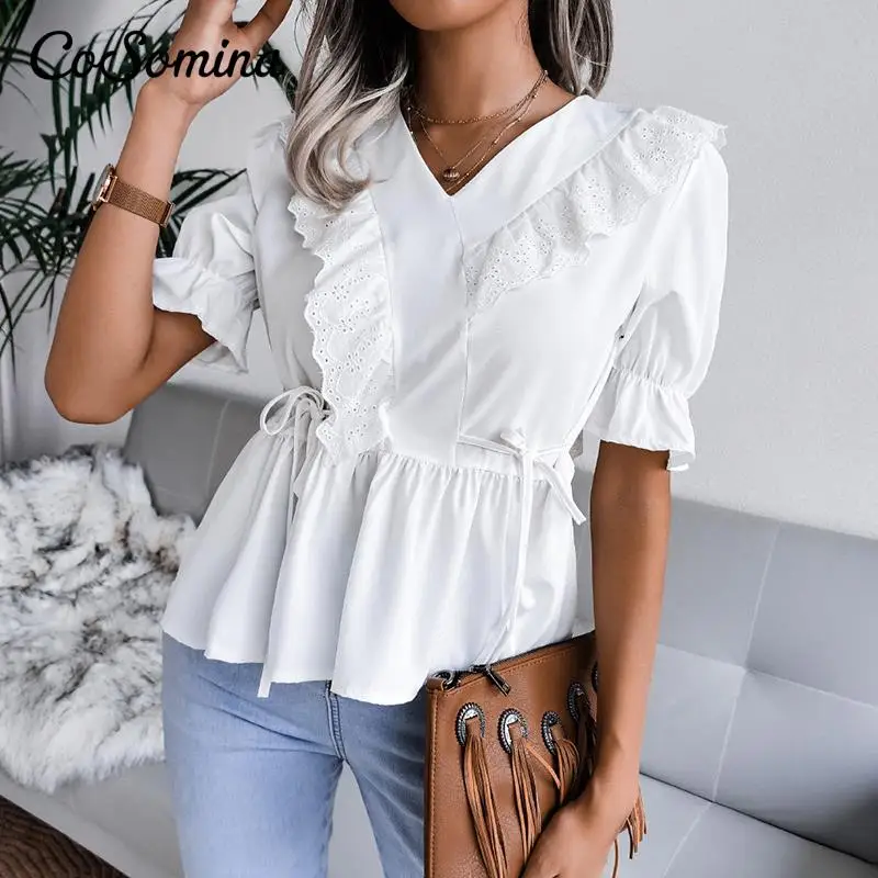 

CoSomina V-neck Chiffon Lace Embroidery Women Blouse Shirt Ruffled Short Sleeve Plus Size Female Top Blouse Solid Ladies Top
