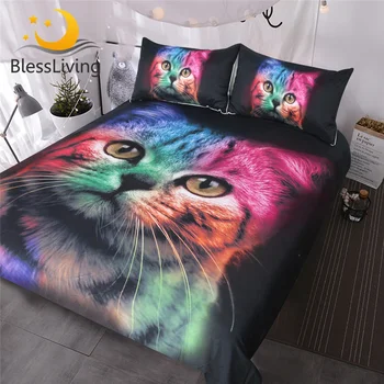BlessLiving Cat Bedding Set for Girls Boys Cute Colorful Cat Pattern Bedspread 3 Piece Bold Color Black Animal Duvet Cover Set 1