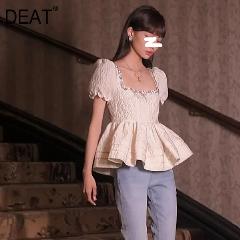 

[DEAT] Women Greamy Patchwork Ruffles Folds Shirt New Square Neck Short Puff Sleeve Slim Fit Fashion Tide Summer 2021 7D0884
