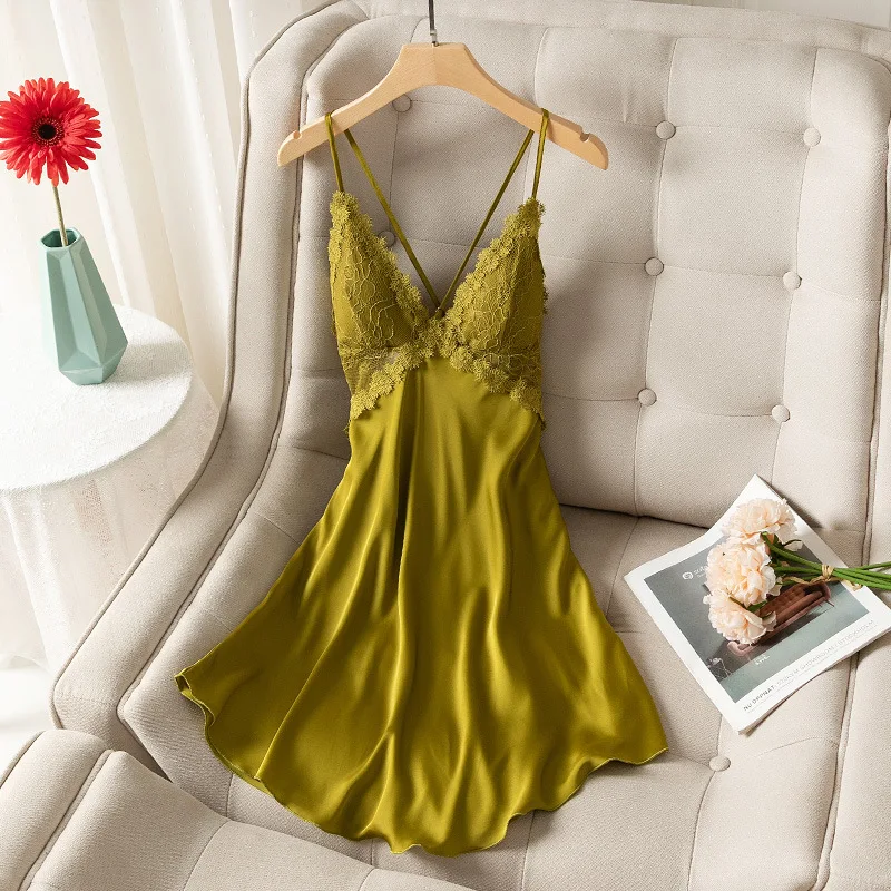 

Sleepdress Women Lingerie Lace Patchwork Nightwear Kimono Robe Gown Sexy Satin Loungewear V-Neck Soft Home Dressing Gown