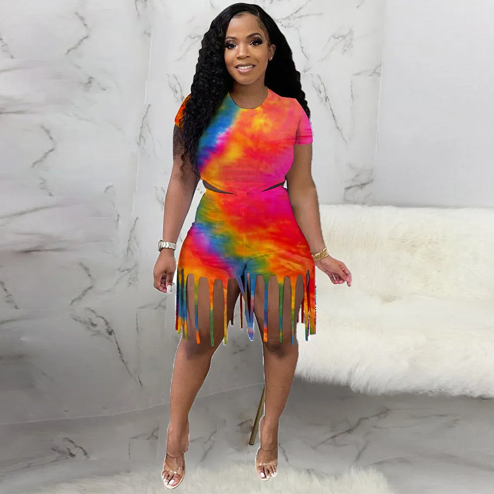 

Велосипедный комплект из двух предметов, короткий топ с коротким рукавом и бахромой, с градиентным переходом цветов, пляжный укороченный по...