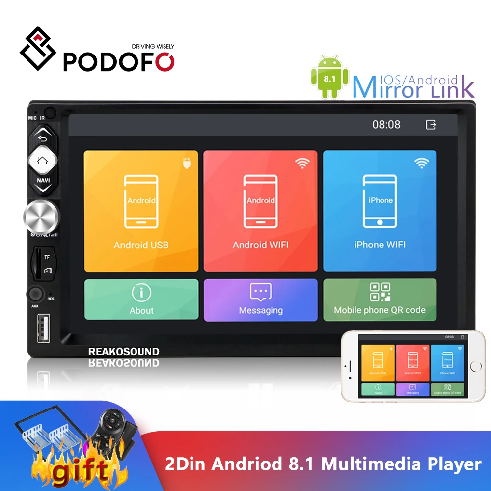 Автомагнитола Podofo 2din Android 8 1 GPS Bluetooth Wi Fi MirrorLink 7 дюймов|Автомобильные