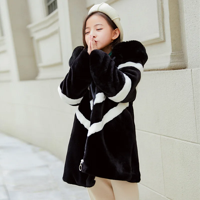 

2021 Girls Winter Long Black and Pink Fur Coat Warm Coat