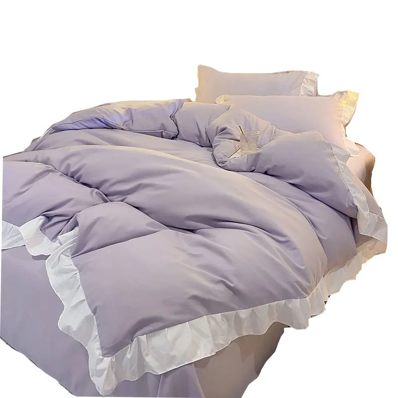 

Japanese-style Solid Color Four Piece 100% Cotton Quilt Set Ruffles Sheet Quilt Cover Pillow Cover Bedding Queen Bedding Set