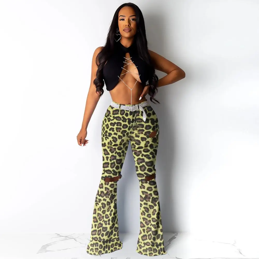 Модные камуфляжные расклешенные брюки с дырками женские повседневные вырезами