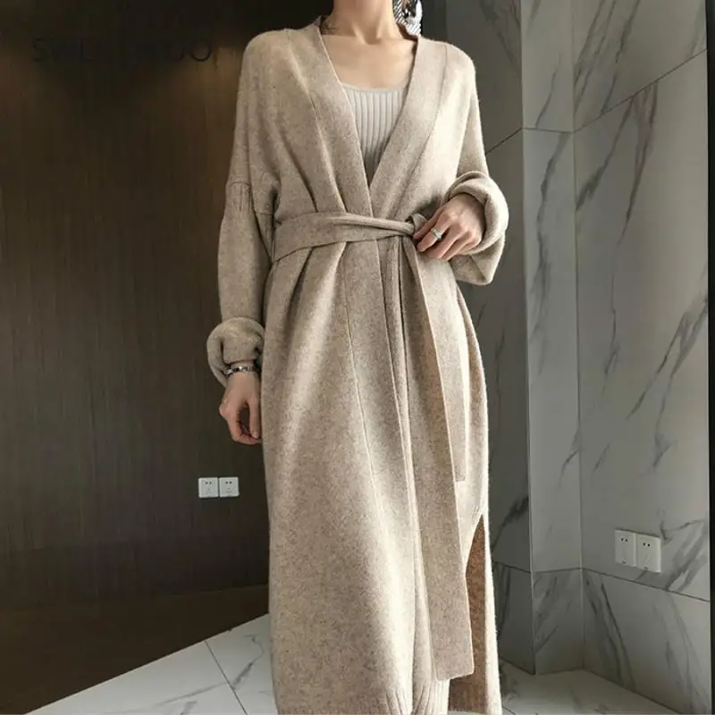 2021 Women Autumn Winter Long Cashmere Knitted Cardigan Sweater Sashes Open Stitch Oatmeal Color Split Hem Crochet Outerwear