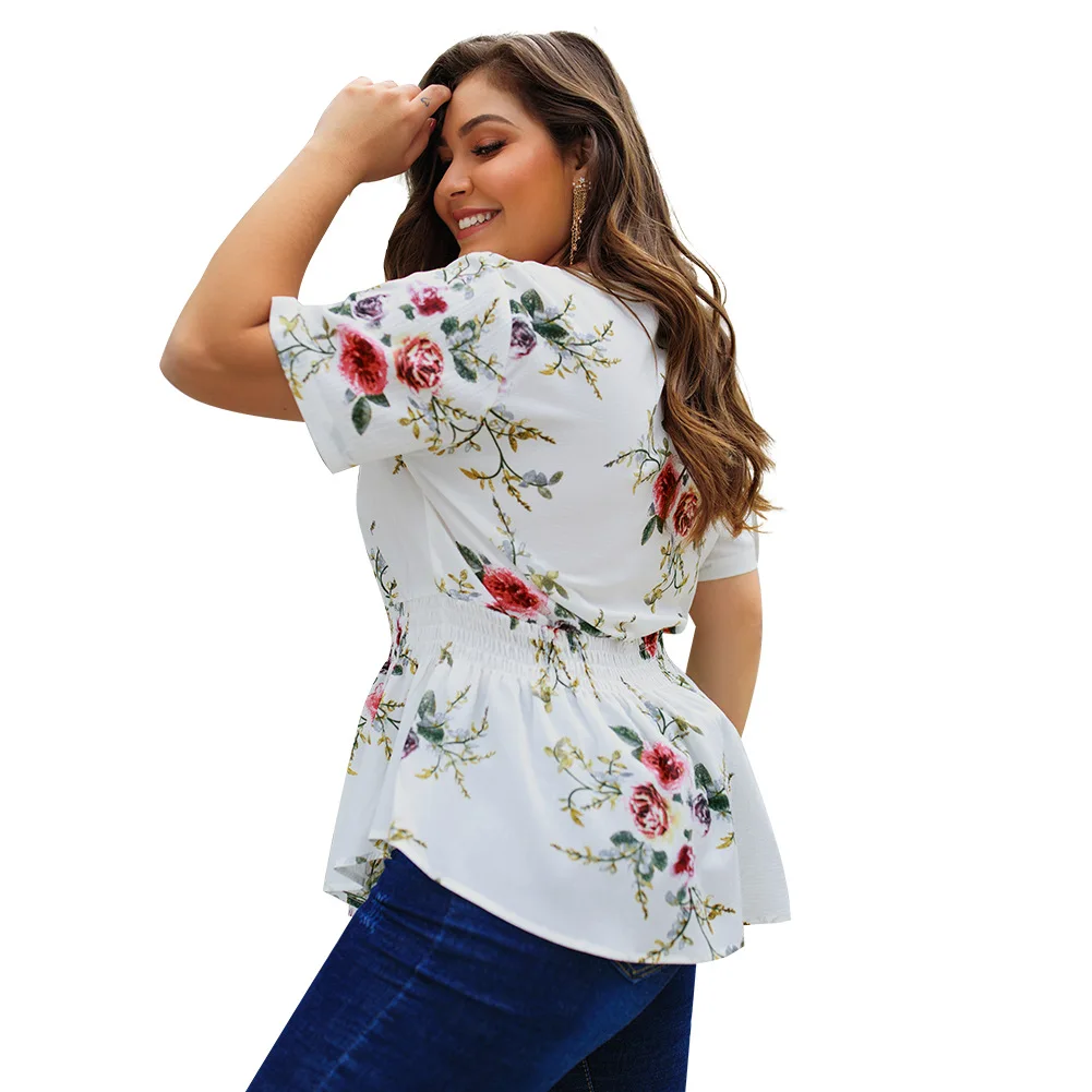 

Summer Women's V-Neck Short Sleeve Printed Large Ruffle Shirt