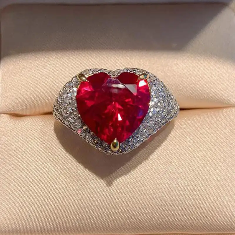 

Vintage 925 Sterling Silver 12*12mm Heart-shaped Ruby Emerald Sahpphire Zircon Rings For Women Luxury Party Fine Jewelry Gift