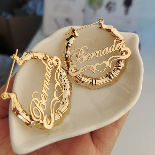 Pendientes de bambú de 30mm-100mm, pendientes personalizados con nombre, estilo de bambú, con personalidad, en forma de corazón, con caja de regalo 1