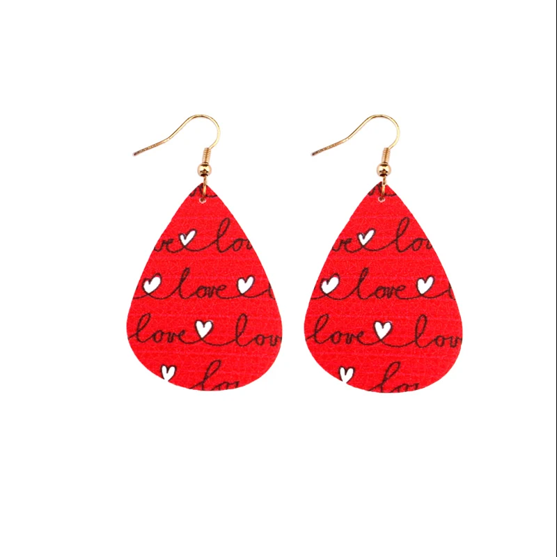 

Romantic Valentine's Day Statement Leather Teardrop Earrings Printing Heart Love Letter Pattern PU Leather Earrings for Women