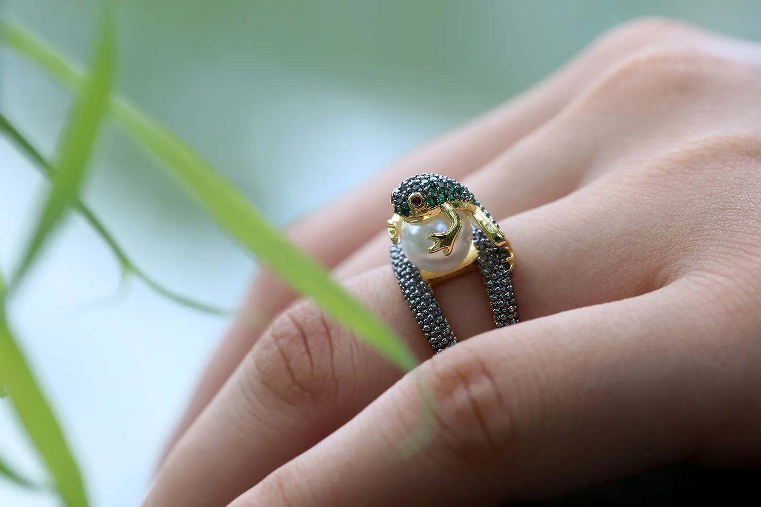

Vintage Cubic Zironia Frog Pearl Green Rings for Women Mens Ring Jewelry Aesthetic Halloween Bohemia