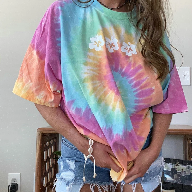 

Top Women's t-shirts summer traf casual round neck top loose large size harajuku seven-color flower tie-dye y2k woman tshirts
