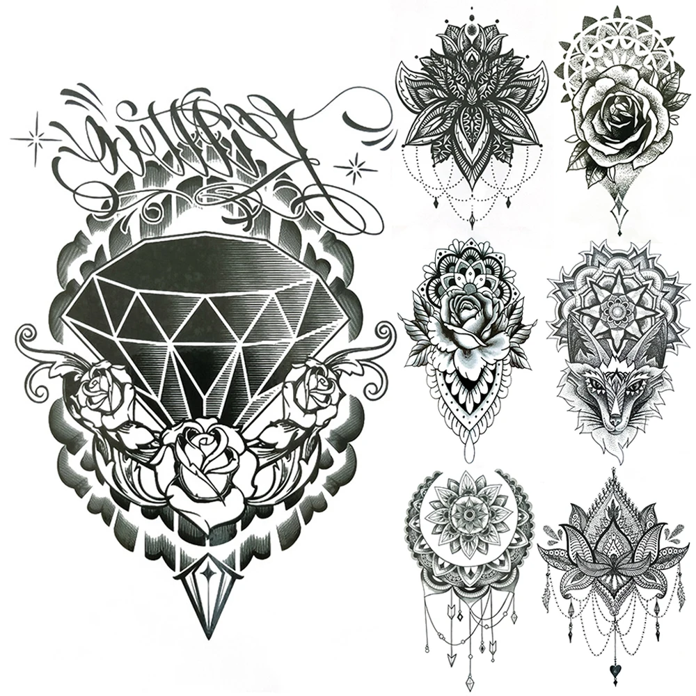 Black Diamond Temporary Tattoo For Women Fake Jewelry Tattoos Sheets Lion Mandala Henna Rose Flowers Mehndi Tatoos Chest Chains