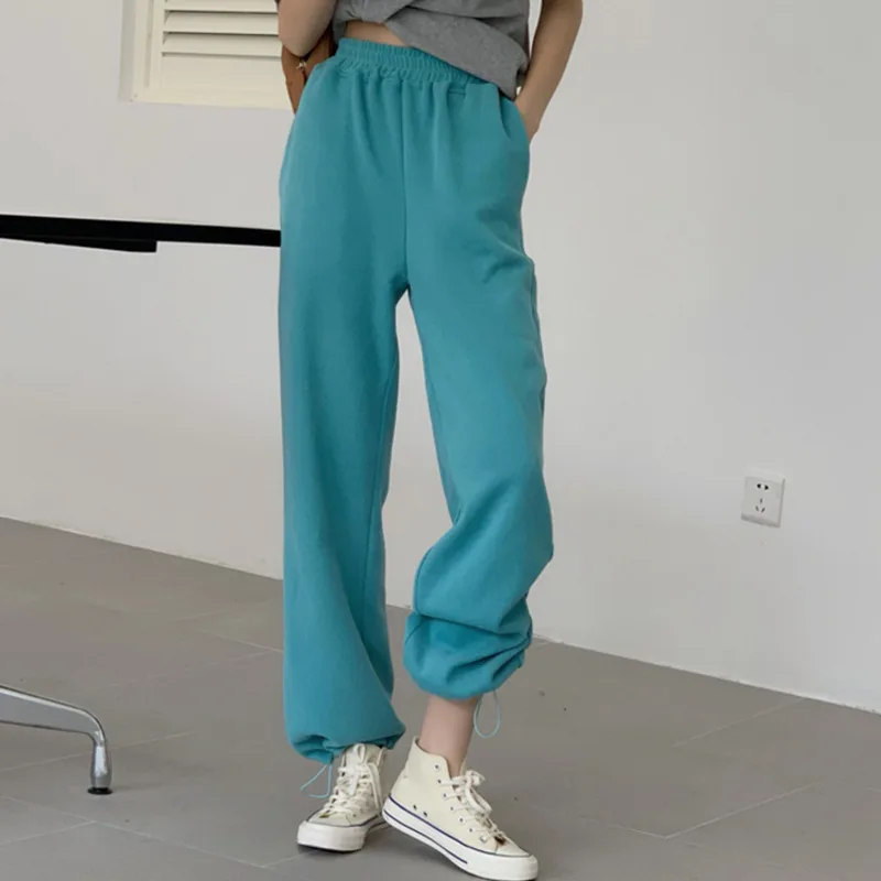 

New 2021 Women's Spring Summer Women Pants Wide Leg High Waist Sweatpants Jogging Shirring Ankle-Length Trousers E721