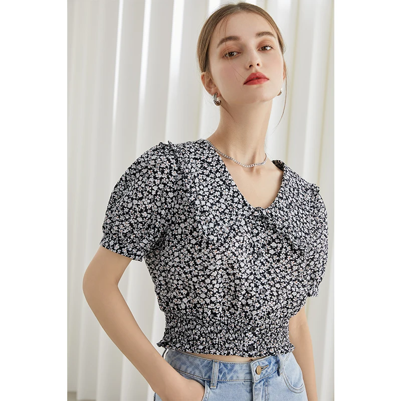 

FANSILANEN Office Lady Doll Collar French Floral Shirt Women 2021 Summer Short Sleeve Puff Sleeve Black Straight Tops Blouses