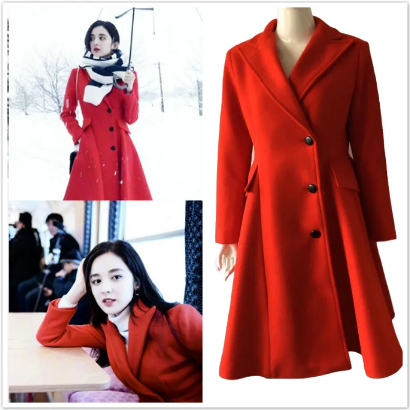 

2021 Autumn Winter Models Simple And Stylish Atmosphere Red Long Woolen Coat Single-breasted Coat