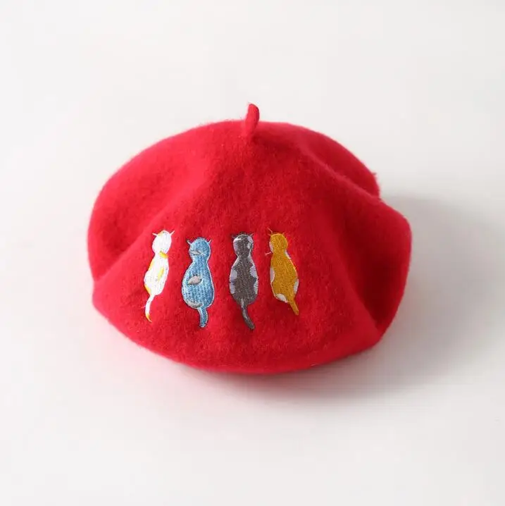 red Осенне-зимние шапки для женщин, женский шерстяной берет, шапка художника, вышитая котом, берет для женщин в английском винтажном стиле, Boina Feminina - Цвет: red