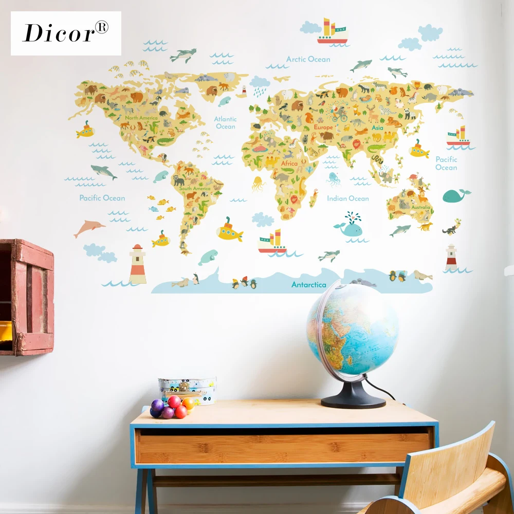 DICOR 3 вида мультфильм карта мира настенные наклейки в виде животных для детской
