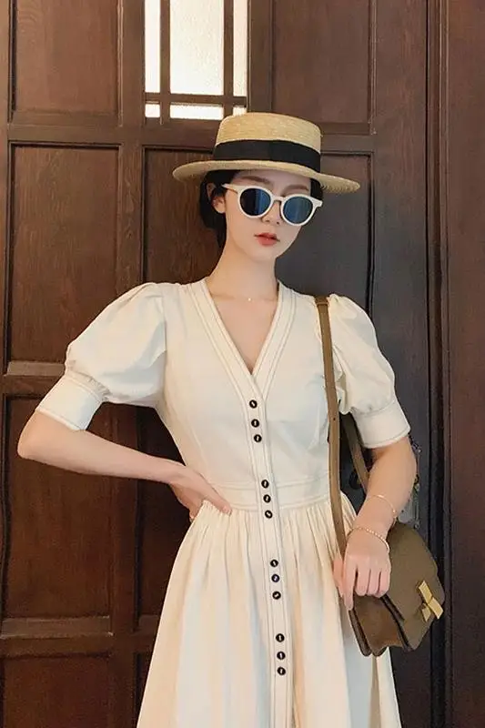 

Korean Retro Puff Sleeve Shirt Dress V-neck Elegant Long Dress Summer Clothes For Women Casual Robe Femme Maxi Dresses